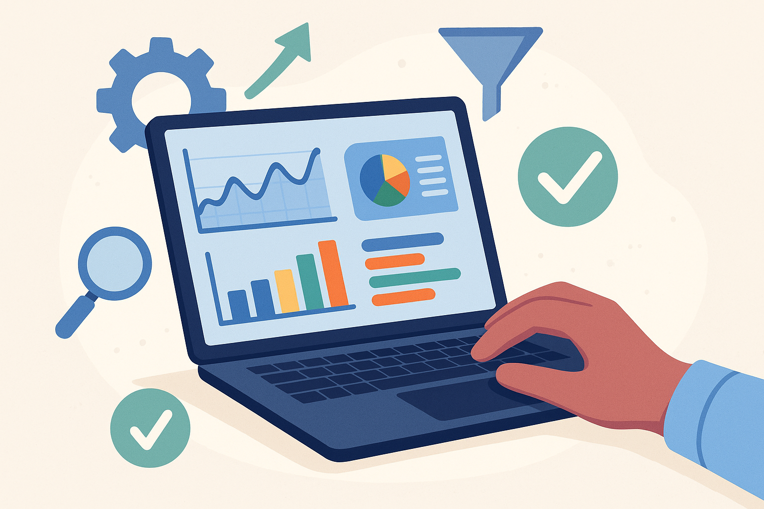 Illustration d’un ordinateur affichant des graphiques et tableaux d’analyse, symbolisant l’optimisation et le suivi d’une campagne Facebook Ads