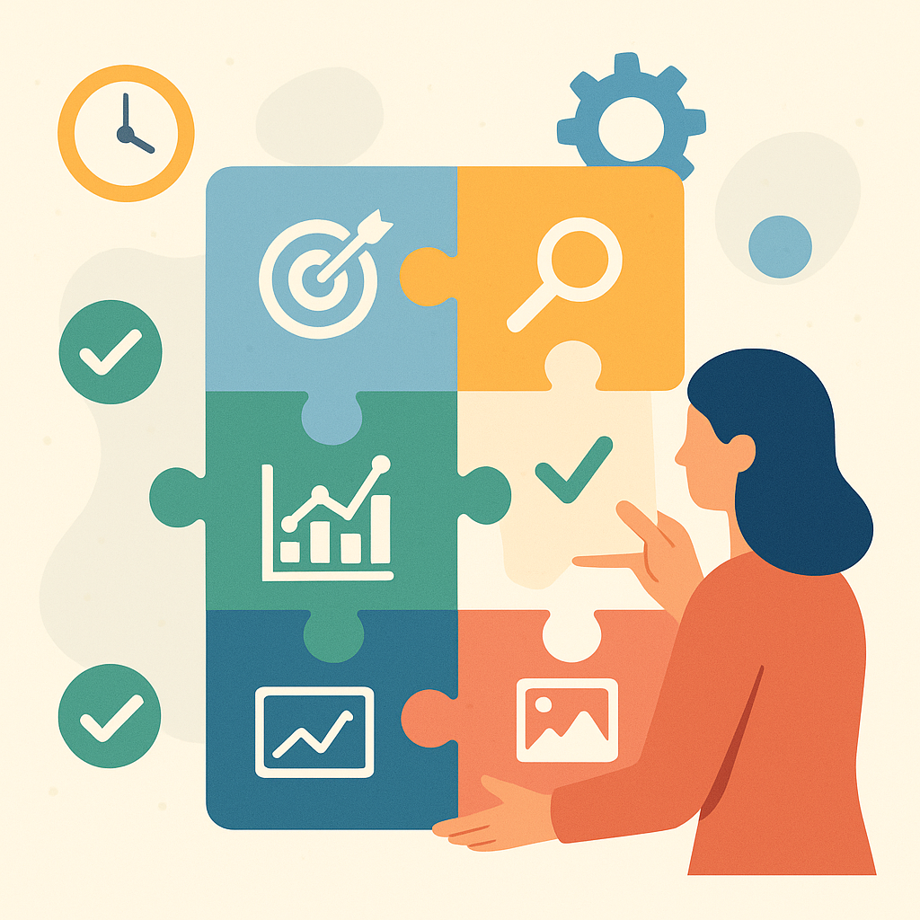 Illustration en flat design montrant des pièces de puzzle avec des icônes de ciblage, analyse, réglages et signaux, symbolisant les différents leviers nécessaires pour optimiser une campagne Facebook Ads